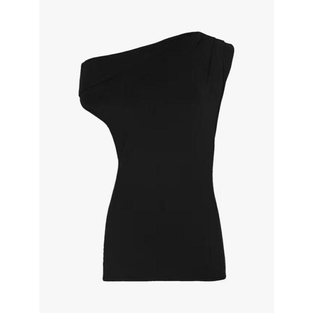Reiss Miranda Drape Shoulder Top Black Stretch Knit L - Picture 3 of 11